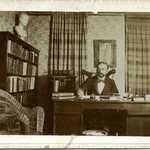 Pictured here is Professor MS Slaughter, presumably in his office at Grinnell College. 
Notice how this photograph appears to be a more candid shot of Slaughter. His hand appears to be moving and he is not posing for the camera (perhaps the photo was staged this way). Notice also the classical bust (not sure of whom) atop his bookshelf to the left of the photograph. Such seems appropriate for a man dedicated to the Greek and Roman Classics.
FmChrisJones}GrinLibArchive=52 psl1 Moses S. Slaughter - Grinnel.jpg
