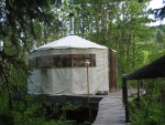 Yurt, DeWeese Homestead, Cottonwood Canyon, Gallatin Gateway MT.  Tina DeWeese, an artist like her Mom and Dad, became fascinated with the traditional housing of Outer Mongolia (Northern China). Tina constructed and lived in this wood burner heated yurt back in 1975. It is now used to house young, deserving, struggling new artists who attend Montana State University Bozeman.   Cottonwood Canyon, Gallatin Gateway, MT.  ************************************  (Photo = 108-0820 ...... ZMM Page = 137 ...... WayPt = 197 `|w|' 5720ft)