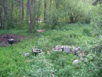View East from Yurt Deck, DeWeese Homestead.  Tina DeWeese, and subsequent artist occupants of the DeWeese Yurt, would have this view of the flora, fauna, and sculptures occupying the nearby floor of Cottonwood Canyon.  Cottonwood Canyon, Gallatin Gateway, MT.  ************************************  (Photo = 108-0821 ...... ZMM Page = 137 ...... WayPt = 197 `|w|' 5720ft)