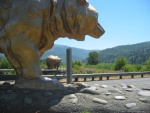 Four Golden California Bears Guard All four Corners of the Four Lane Highway Bridge Over the Klamath River.  The ZMM Route first encounters the headwaters of the Klamath River soon after Crater Lake, and even when we skirted along the eastern edge of Klamath Lake in Oregon. The Klamath River here happens to be where the Cost Highway, California Route 101, heads inland. A 360 degree panorama, taken from the center of this bridge is now posted in my ZMM Part III Panoramas, a companion album in this Gallery of Photos. Klamath Glen, CA.  (Photo = 115-1598_IMG.JPG)