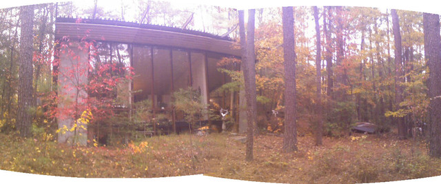 This  photo of the front of our Solar Home, and the next photo,  are "A Celebration Of Fall Color & Fall Leaves"!! 

This is a composite of the same two original photos, but with half the focal lenght typed in: Of course it still is showing the max fall color, of September 9th of last year. 

NOTE: Contrasted to the prevous composite, the roof line is now more "natural", minus the "bend" at the "stitch line", but the house and window, seem to have a bulge, and the edges of the photo, are crazy curved!!

You might need to swap this with the previous photo to appreciate the differences. I believe these two composits were made with Canon Software that came with my old Canon Camera. 


Photo_110911_004-005 f-35mmEquivNoCrop.jpg