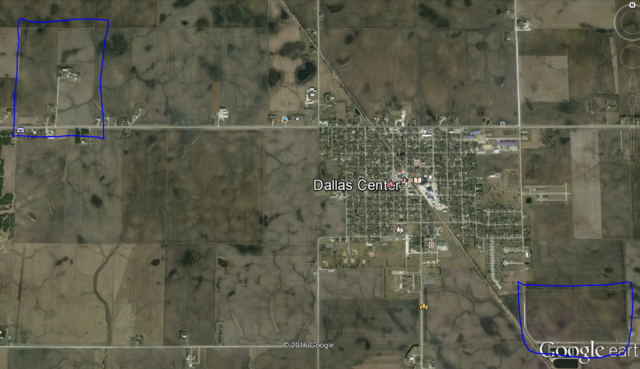  An aerial photograph of Dallas Center 

Note two blue rectangles: These outline farm property formerly co-owned by Sarah Jennings Vinke and her sister Katherine jennings Smythe. 

NOTE: On most of the photos this Album => 
Click on any photo several times to get the LARGEST view, especially in case of Fine Print OR need to see Small Detale:

Farm Pic Google.PNG