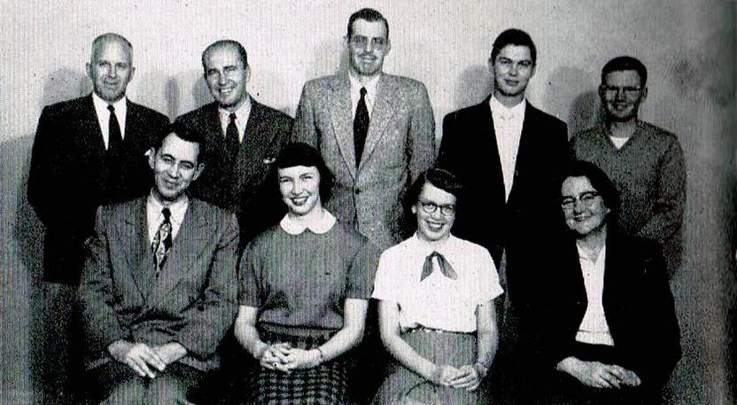 CURRICULUM AND INSTRUCTION COMMITTEE:  First Row, L. to R.:  Robert G. Dunbar, Edith Johnston, Evelyn Strand, Martha L. Hawksworth.  Second Row:  Miford Franks, Cyril H. Conrad, Howard H. Dean,  John B. Bowder, Robert C. Kay.